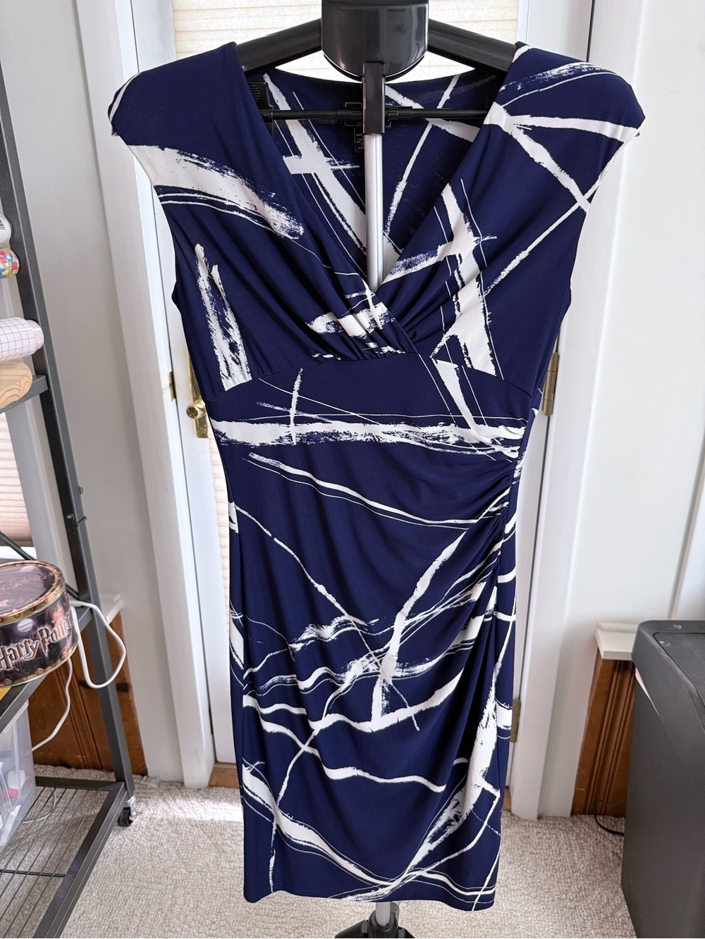 American living Navy and White graphic Print sleeveless ruched side Midi Dress